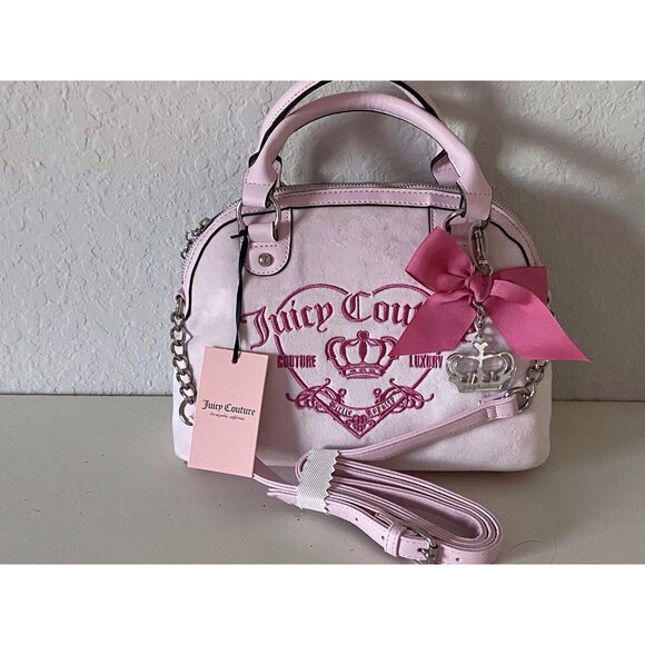 Juicy Couture Girlie Royalty Dome Satchel Crossbody Chiffon Pink Velour W/Charm - Picture 2 of 13